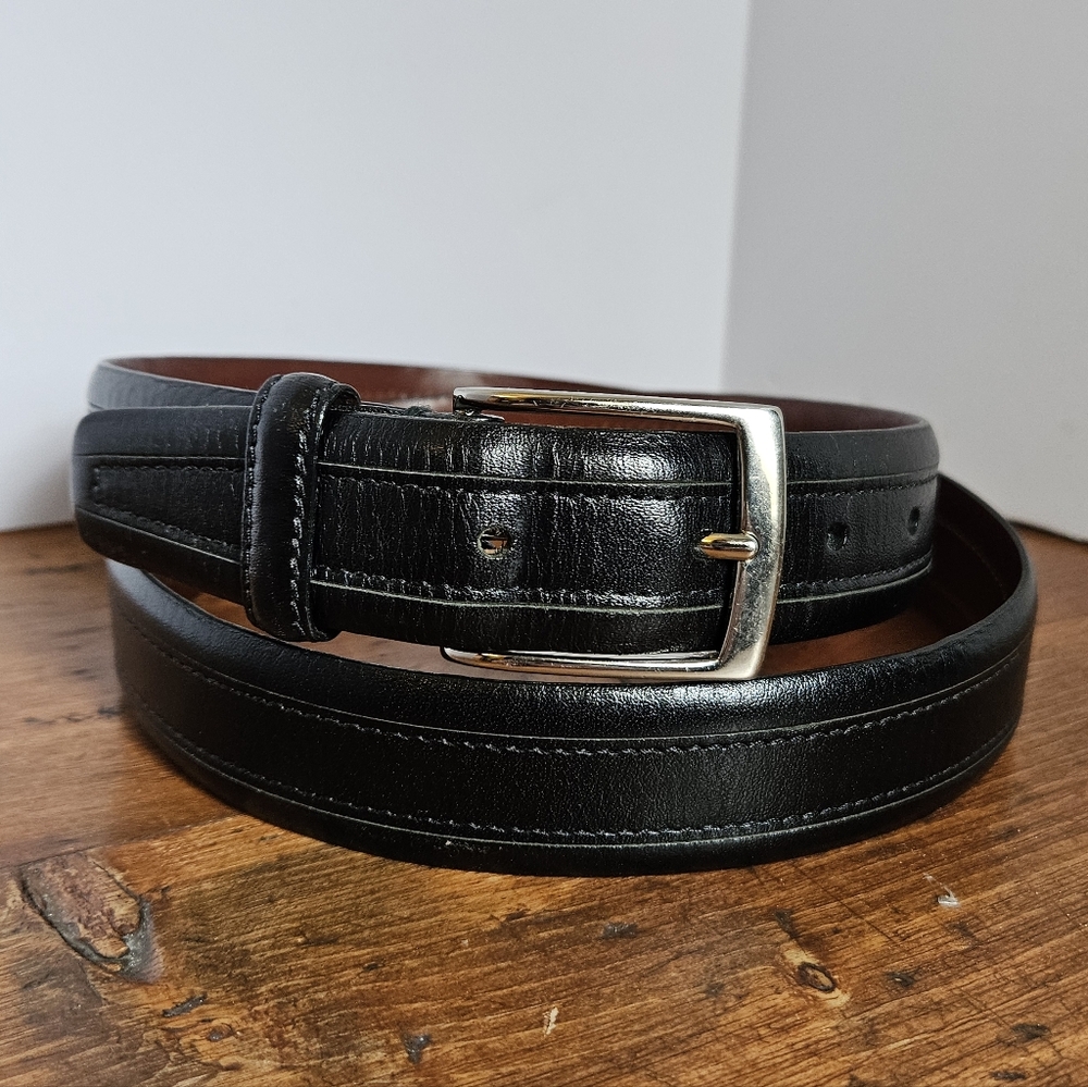 John W Nordstrom Black Leather Men's Belt W/ Silver-tone Buckle Made In USA